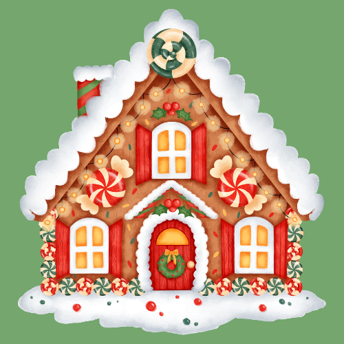 A gingerbread house image against a green background. The house is decorated with spiral colored hard candy discs and thick white frosting. Holly berries and leaves are placed above a second story window. A green wreath is hung on the front door. Lights can be seen through the windows.
