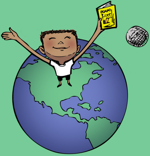 Reading colors your world. A smiling black boy looks up while holding a yellow book. He's standing in the middle of the United States on top of the world. His proportion relative to the planet makes him appear as a giant. The Moon is in the distance.