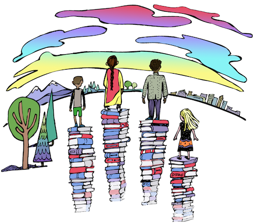 An illustration of a man, woman, girl, and boy standing on tall stacks of books. They look away at a city, mountains, and forests on the horizon. The book covers are multicolored including red, blue and gray. Colorful trees are nearby. In the distance are wide multicolored clouds.