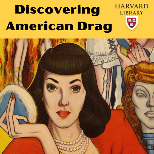 Discovering American Drag. Harvard Library. A woman (or man?) holding a powder puff, cupped in her hand. She has dark brown hair. She is wearing a red top with three strands of pearls. Behind her is person applying lipstick. Next to her is a mannequin head wearing a red wig.
