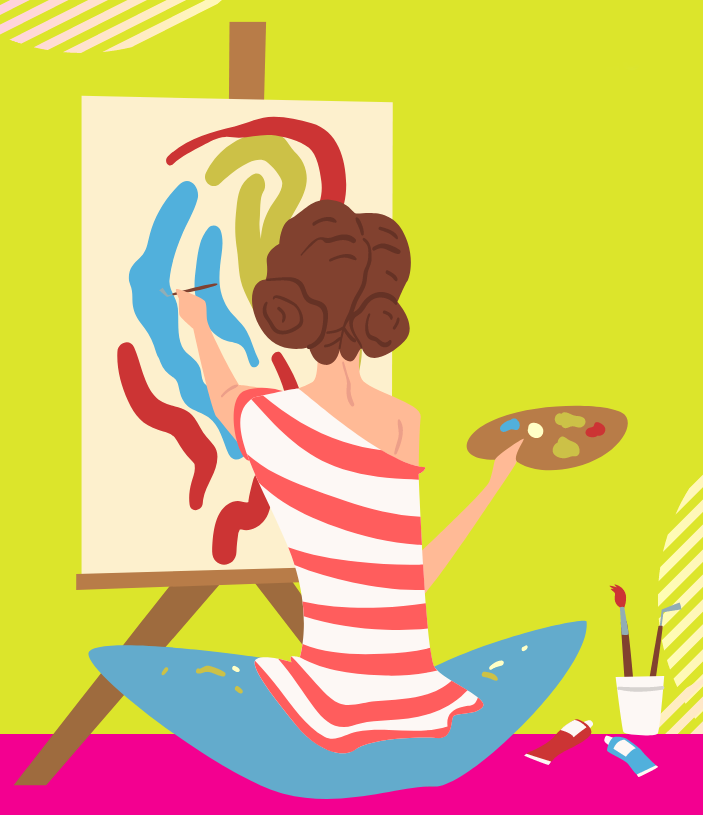 Colorful illustration of an artist at work on a painting. She wears a red striped shirt with paint stained blue jeans. A pallete is in one hand and a brush to the canvas is in the other hand. There are broad strokes of color on the painting including red, green, and blue. On the floor are brushes in a cup and tubes of paint.