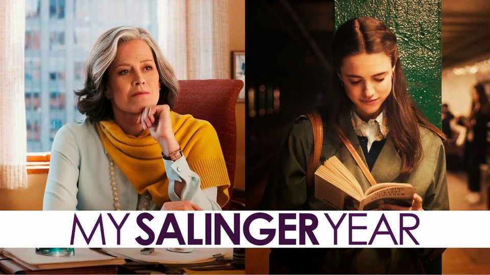 My Salinger Year film poster. Actresses Sigourney Weaver and Margaret Qualley. Sigourney is sitting in an office with a view of New York City outside her window. Margaret is reading a book in the subway.