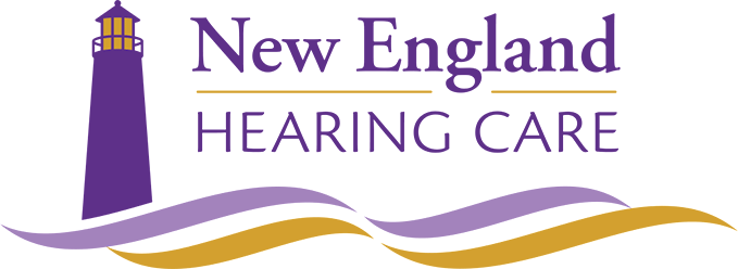 New England Hearing Care logo. An illustration of a purple lighthouse. Below the text are two wave shapes: one purple, one tan.