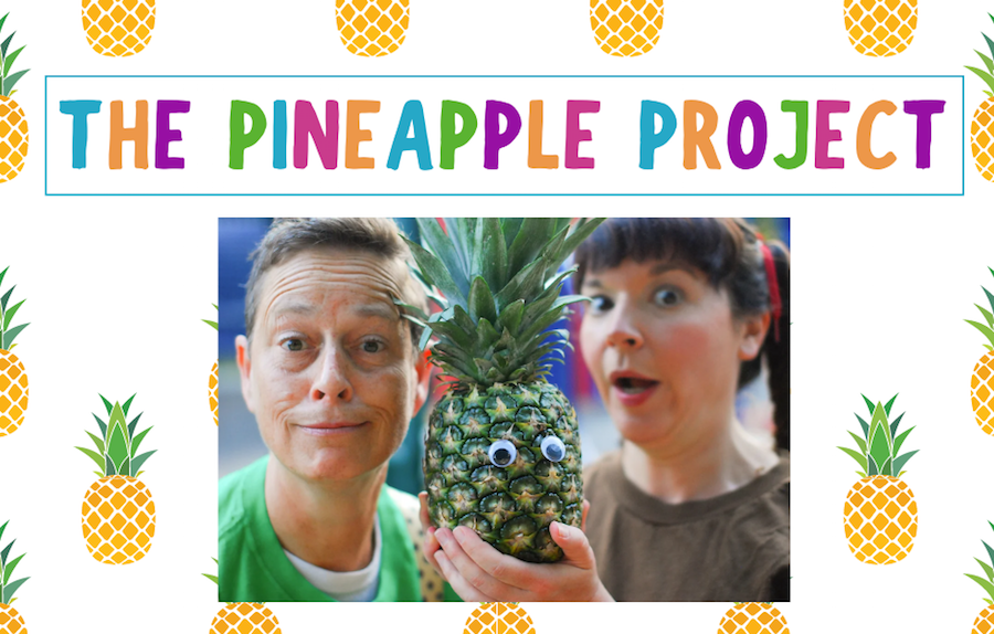 The Pineapple Project. Mal and Becca look both confident and surprised while holding a pineapple that has googly eyes. Illustrations of pineapples fill the background of the image like a wallpaper.