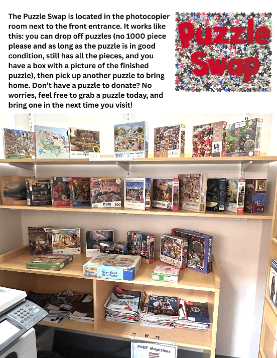 A library shelf displays various jigsaw puzzle boxes of different sizes and designs. A sign on the wall explains the Puzzle Swap program, inviting people to exchange puzzles or pick one up.