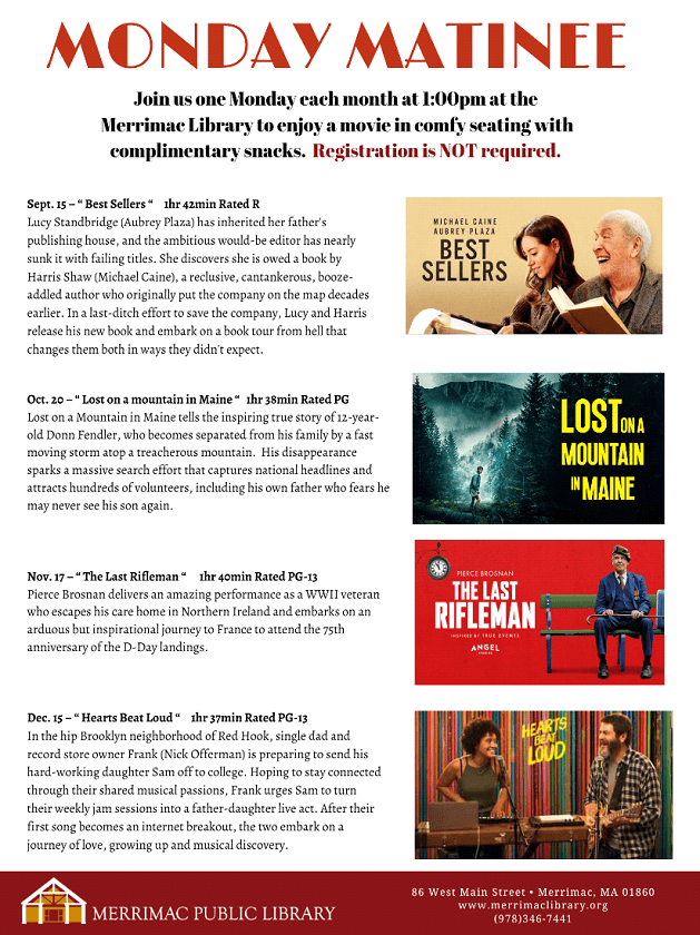 A flyer for Monday Matinee at Merrimac Library lists four movie screenings with dates, descriptions, and images from each film. Library and event details are at the bottom, with a red banner for Merrimac Public Library.