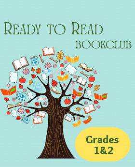 Illustration of a tree with books, apples, and leaves in its branches. Text reads Ready to Read Bookclub at the top and Grades 1 & 2 in a yellow circle at the bottom right.