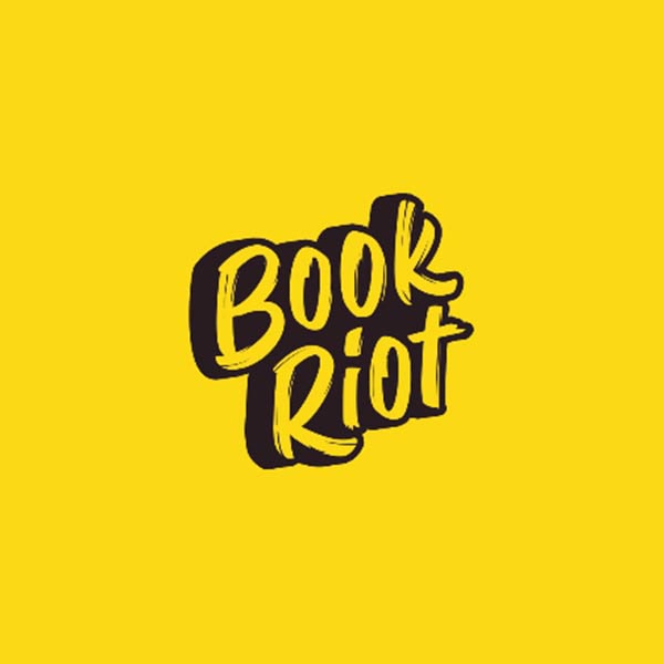The image features the words Book Riot in bold, black hand-drawn lettering with a yellow outline, set against a solid bright yellow background.