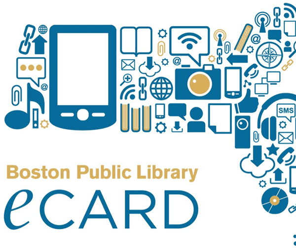 Boston Public Library eCard logo surrounded by blue and gold digital icons, including a smartphone, camera, Wi-Fi symbol, book, music note, and various technology and media-related images.