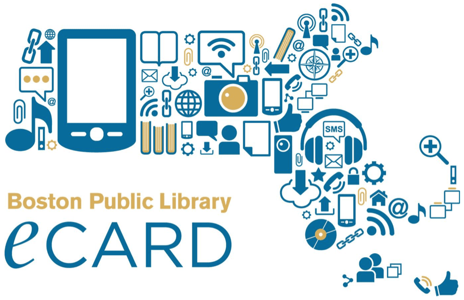 Boston Public Library eCard logo, with the word eCARD and icons of technology, books, music, and digital media arranged in the shape of Massachusetts.