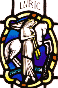 Stained glass artwork featuring a crowned woman in a flowing gown holding a staff, standing beside a white horse, with the word LYRIC at the top and a stylized blue and green background.