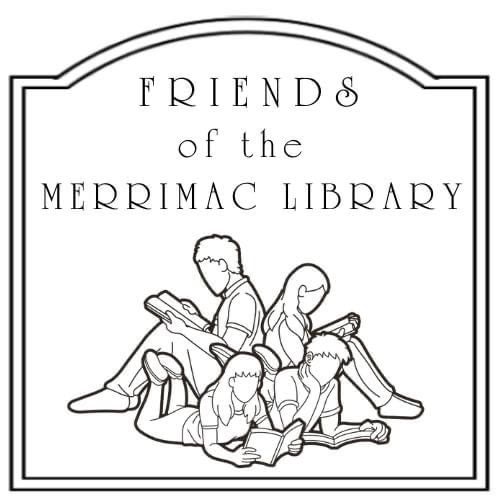 Black and white illustration of four people sitting and reading books, with the text Friends of the Merrimac Library above them in a bordered arch.