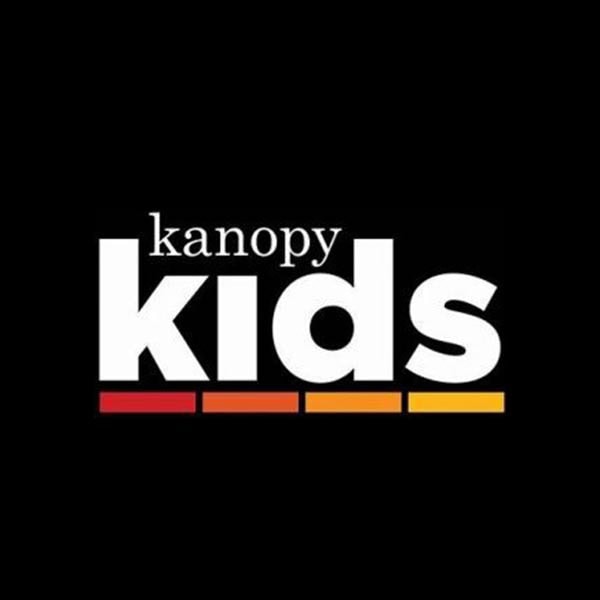 The image features the Kanopy Kids logo with kanopy in small white text above large bold white letters spelling kids, set against a black background, with four colored bars (red, orange, and yellow) below.