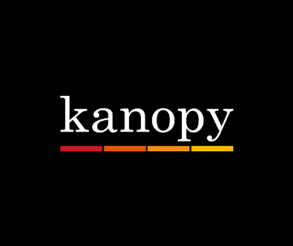 The Kanopy logo features the word kanopy in white lowercase letters on a black background, with four horizontal bars in red, orange, and yellow shades beneath the text.