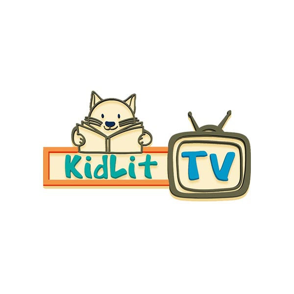 Logo with a cartoon cat reading a book next to a retro TV displaying the words “KidLit TV” in blue and orange playful letters.