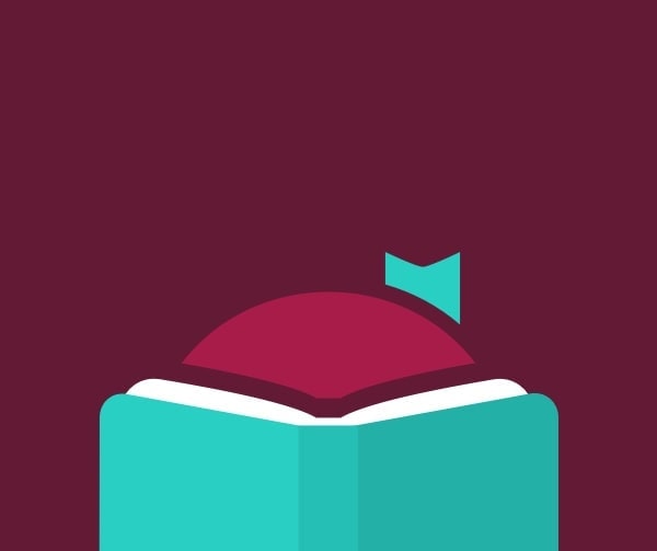 Minimalist illustration of an open book in turquoise with white pages, a maroon background, and a maroon bookmark partially visible at the top center of the book.