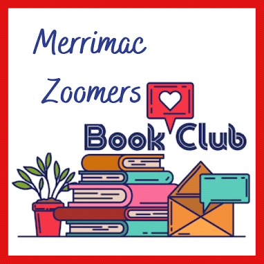 Illustration for Merrimac Zoomers Book Club featuring stacked books, a potted plant, an envelope with a speech bubble, and a red frame. A speech bubble with a heart sits above the words Book Club.