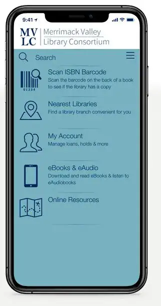 A smartphone screen displays the Merrimack Valley Library Consortium app with options to scan ISBN barcodes, search libraries, manage accounts, access eBooks/eAudiobooks, and view online resources.