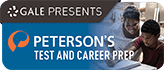Banner image with text: GALE PRESENTS PETERSONS TEST AND CAREER PREP. On the right, an adult helps a child with schoolwork at a desk.
