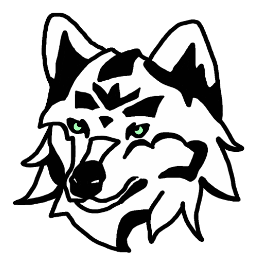 A stylized, black and white illustration of a wolfs head with green eyes, shown against a solid black background. The wolfs expression is bold and confident.