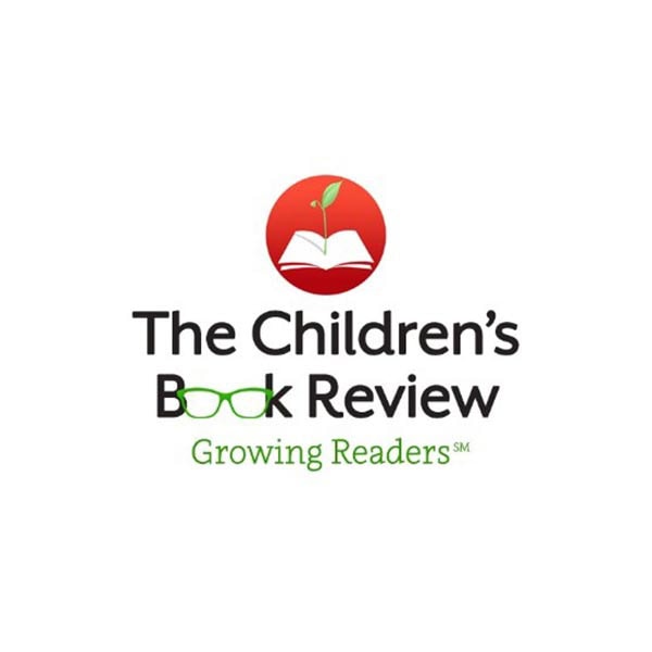 Logo for The Children’s Book Review featuring an open book with a sprout above it inside a red circle. Below, “The Children’s Book Review” is written, with green glasses forming the oo in Book and “Growing Readers” underneath.