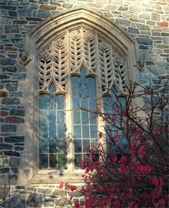 A tall, arched window with intricate stone tracery set in a stone wall, partially shaded by sunlight. Branches with red leaves are in the foreground.