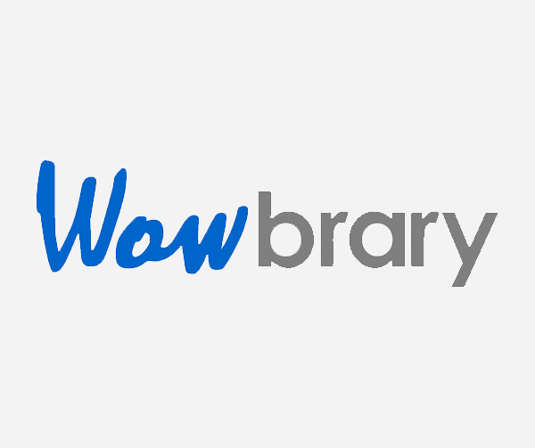 The image shows the word Wowbrary. Wow is written in bold blue script, while brary is in a light gray sans-serif font on a white background.