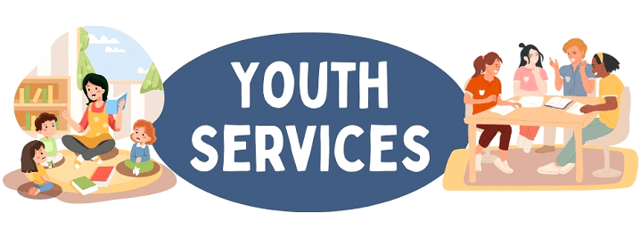 Illustration with Youth Services text in the center, showing a woman reading to young children on the left and a group of teens studying together at a table on the right.